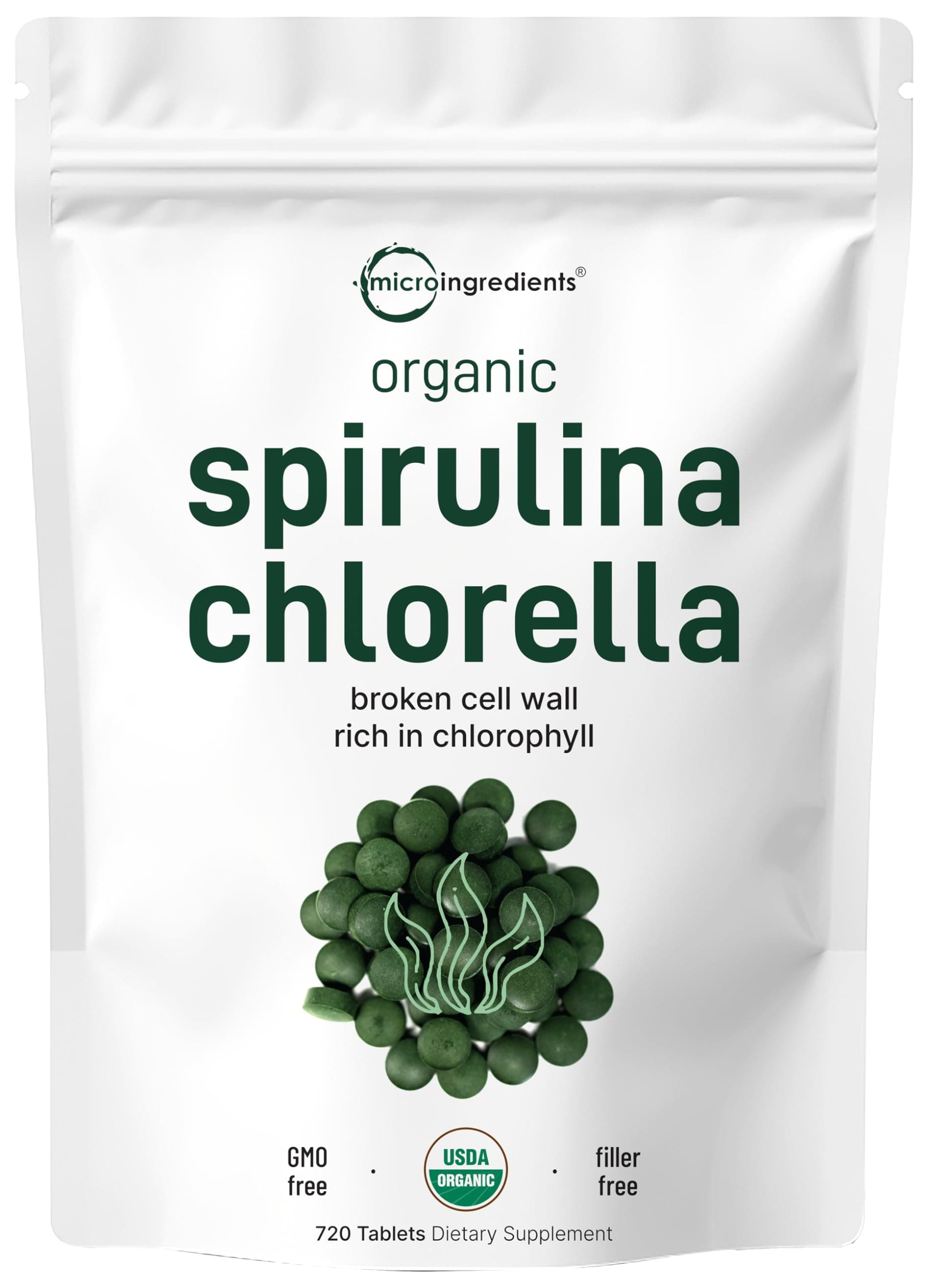 Organic Spirulina Chlorella Tablets, 3,000mg Per Serving, 720 Tablets (4 Month Supply) | 50/50 Blend Superfood | Cracked Cell Wall for Better Absorption | Rich in Vegan Protein & Chlorophyll