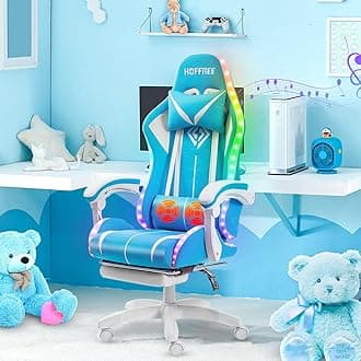 RGB Gaming Chair with Speakers Massage Computer Gaming Chair with LED Lights and Footrest High Back Video Game Chair for Adults Light Blue and White