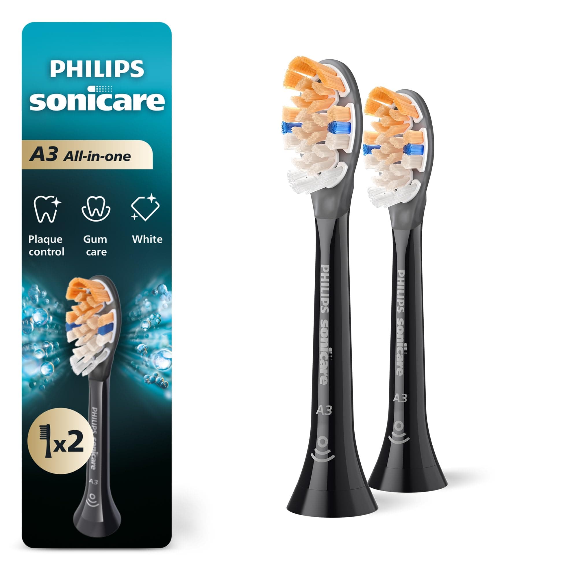 SONICARE Philips Genuine A3 Premium All-In-One Replacement Toothbrush Heads, 2 Brush Heads, Black, HX9092/95