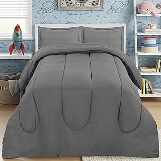 Grey Kids Comforter Set with 2 Pillow Shams, 3 Piece Soft Microfiber Twin Bed Comforter with Pillow Shams, Printed Kids Bedding for Boys and Girls, Lightweight, Breathable,Easy Care