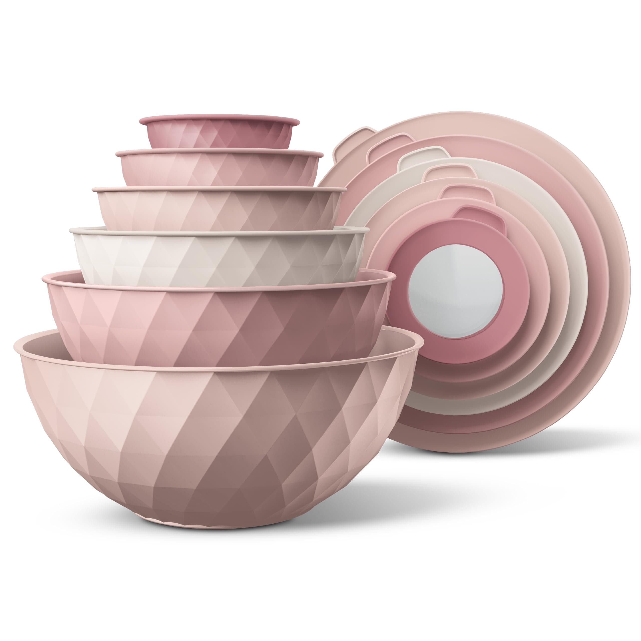 Mixing Bowls with Lids - 12 Piece Plastic Nesting Bowls Set includes 6 Prep Bowls and 6 Lids, Microwave Safe Mixing Bowl Set, Pink Diamond