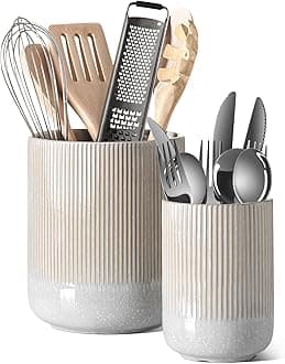 Utensil Holder for Kitchen Counter, 7.3"+5.4" Fluted Ceramic Utensil Crock Organizer for Countertop, Heavy Large Holder for Spatulas, Spoons, Set of 2, Gray Marble