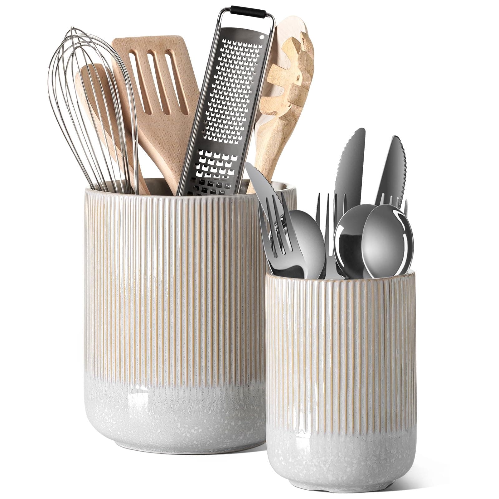 Utensil Holder for Kitchen Counter, 7.3"+5.4" Fluted Ceramic Utensil Crock Organizer for Countertop, Heavy Large Holder for Spatulas, Spoons, Set of 2, Gray Marble