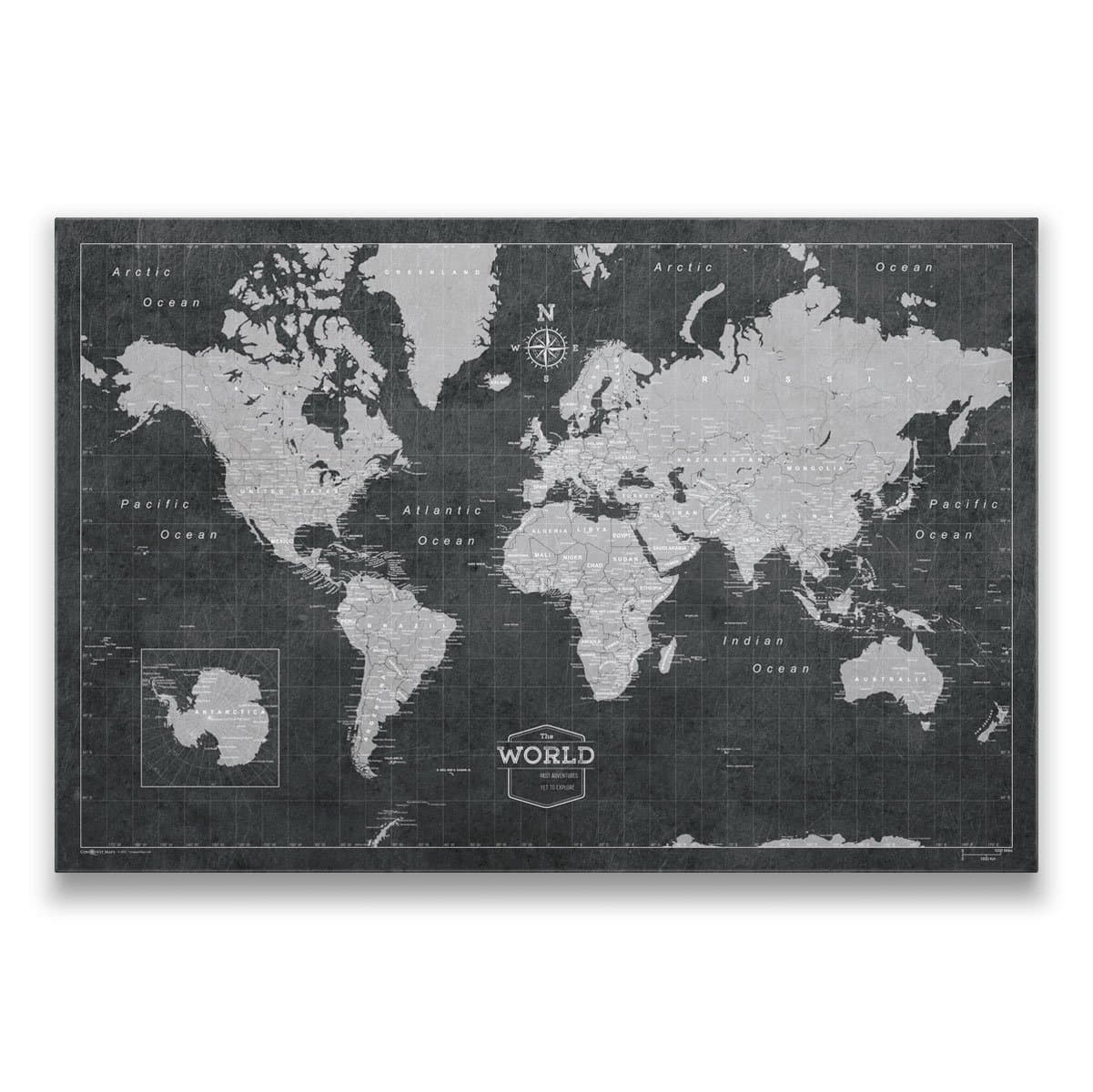 Conquest Maps World Travel Map with Pins Modern Slate Style Push Pin Travel Map Cork Board, Track Your Travels w/a Handmade Unique Canvas Pinable Map w/Cork (24x16 Inches)