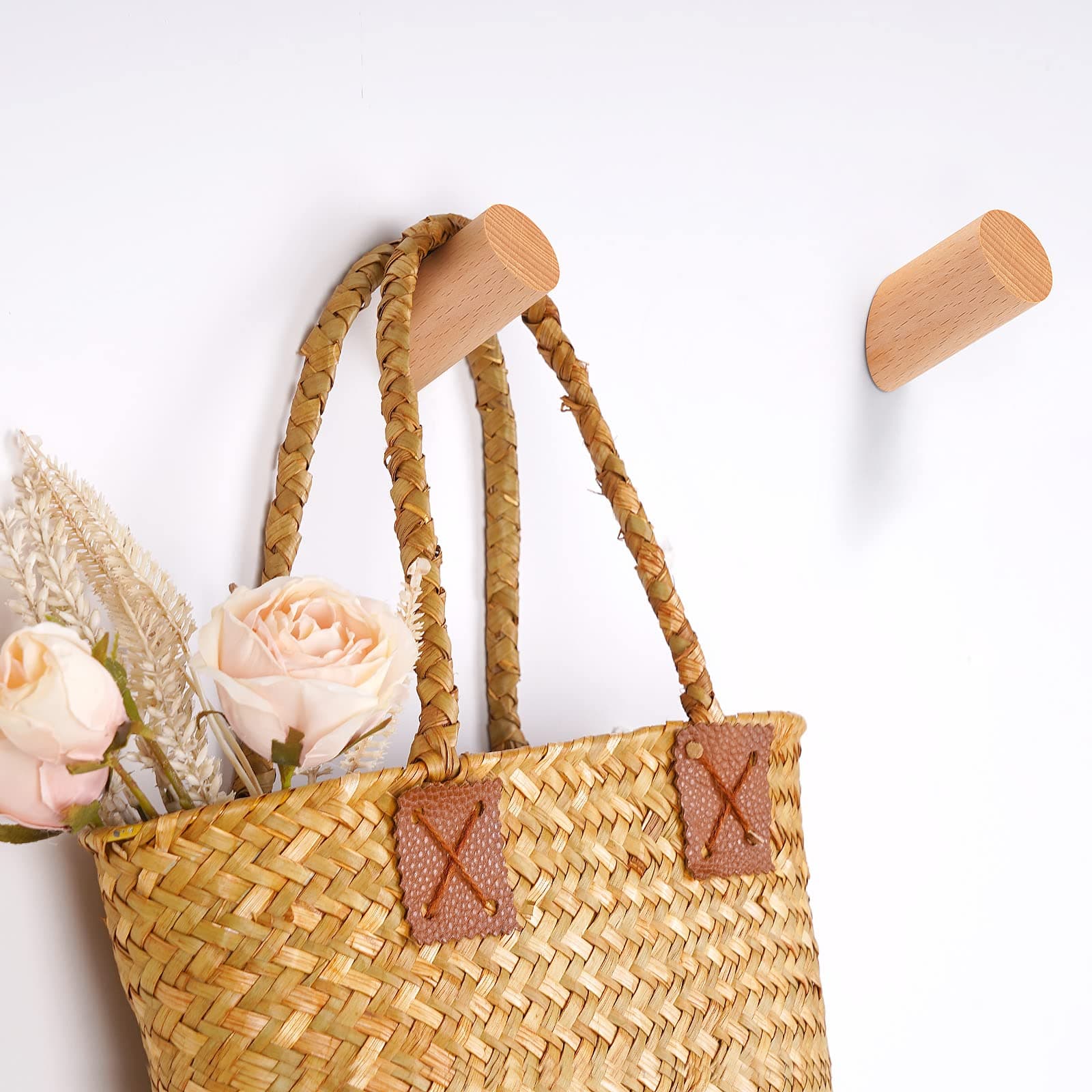 Wooden Wall Hooks, 2 Pack Coat Hooks Wall Mounted | Felidio Natural Wood Hook Coat Rack, Heavy Duty Hooks for Hanging Towels Entryway Coats Hat Rack for Wall (Beech Wood)