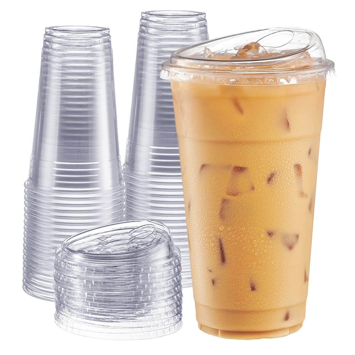 GUSTO Clear Plastic Cups with Lids [24 oz - 100 Count - Disposable Iced Coffee Drink Cups with Strawless Sip Lids for Smoothies, Juices, and More - (Formerly Comfy Package)