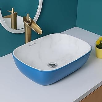 SEA SHORE Premium Designer Ceramic Tabletop Wash Basin – Slim Rim Over Counter Vessel Sink for Bathroom & Living Room (18 x 13 x 5.5 Inch, Blue & White)