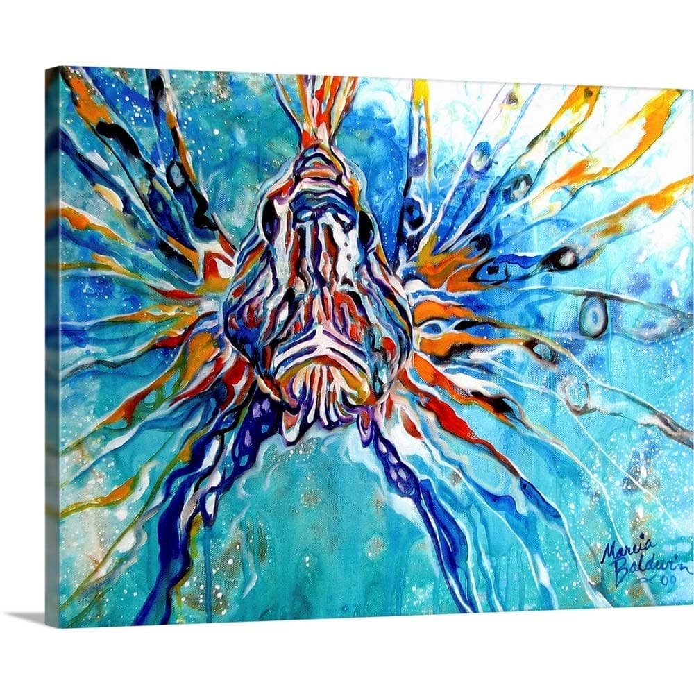 CANVAS ON DEMAND Lion Fish Blue Canvas Wall Art Print by Marcia Baldwin, Contemporary, Coastal, Home Decor, Ocean, Marine Life Artwork, 30" x24in