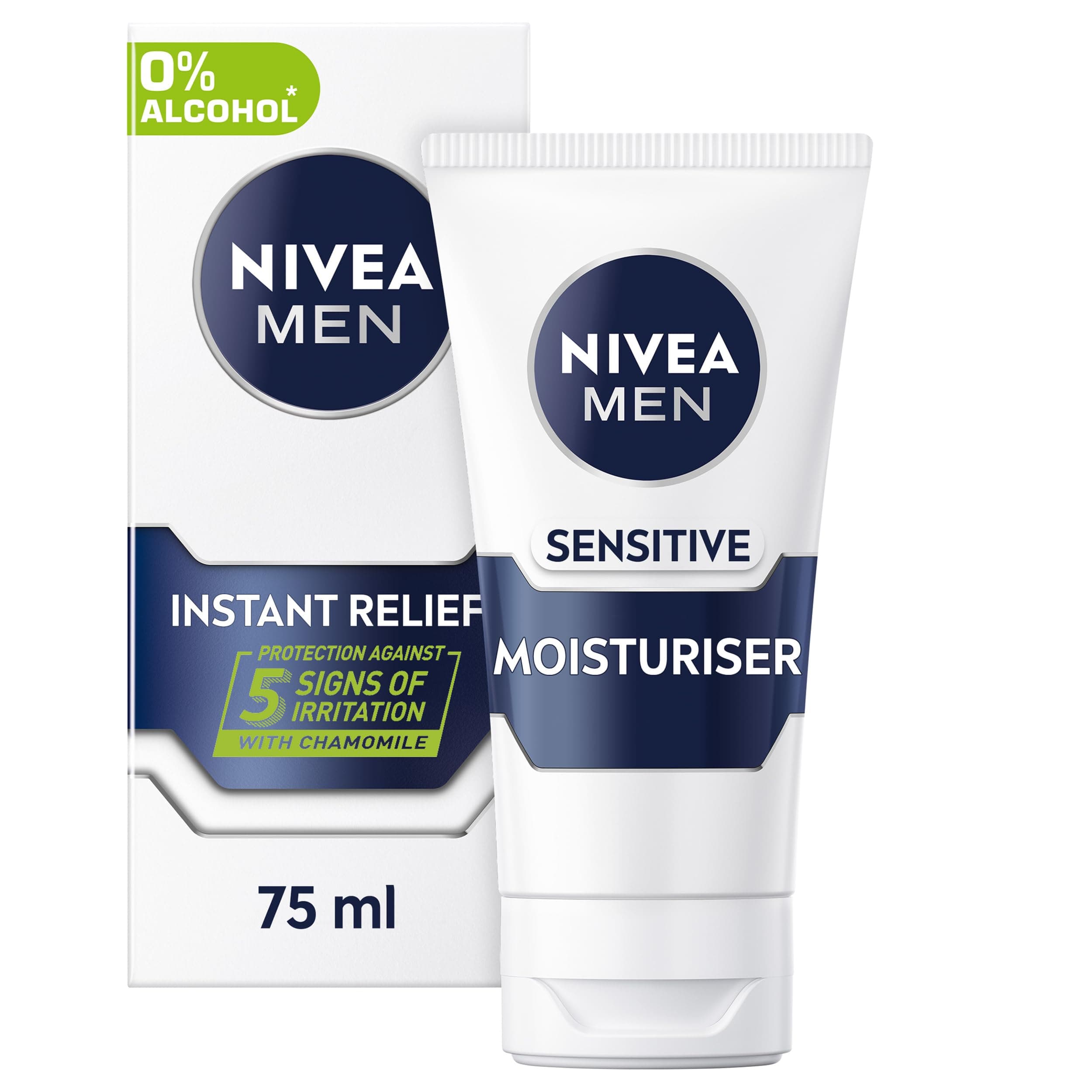 Sensitive Moisturiser Tube (75ml), Hydrating Mens Moisturiser Face Cream with 0% Alcohol, Made for Sensitive Skin, Mens Skincare Essentials