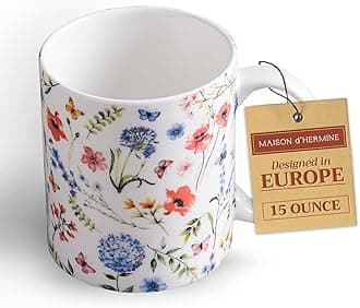 Maison d' Hermine Coffee Mug with Handles Fine Bone China Pack of One Coffee Mug for Hot Beverages Cappuccino Latte Home Restaurant Perfect for Men & Women (Just Floral - Blues 'N Redz, 15 Ounce)