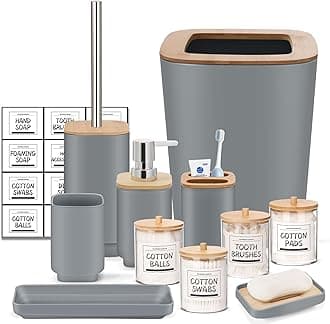 IMAVO 11 Piece Grey Bathroom Set, Trash Can, Toilet Brush, Storage Tray, Complete Bathroom Accessories Organization Kit for Bathroom Décor and Home Gifts