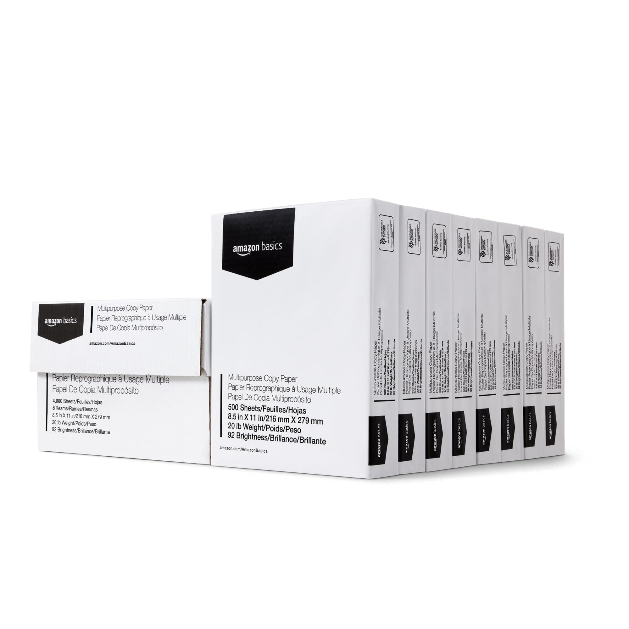 Amazon Basics 92 Bright Multipurpose Copy Paper - 8.5 x 11 Inches, 8 Reams Case (4,000 Sheets)