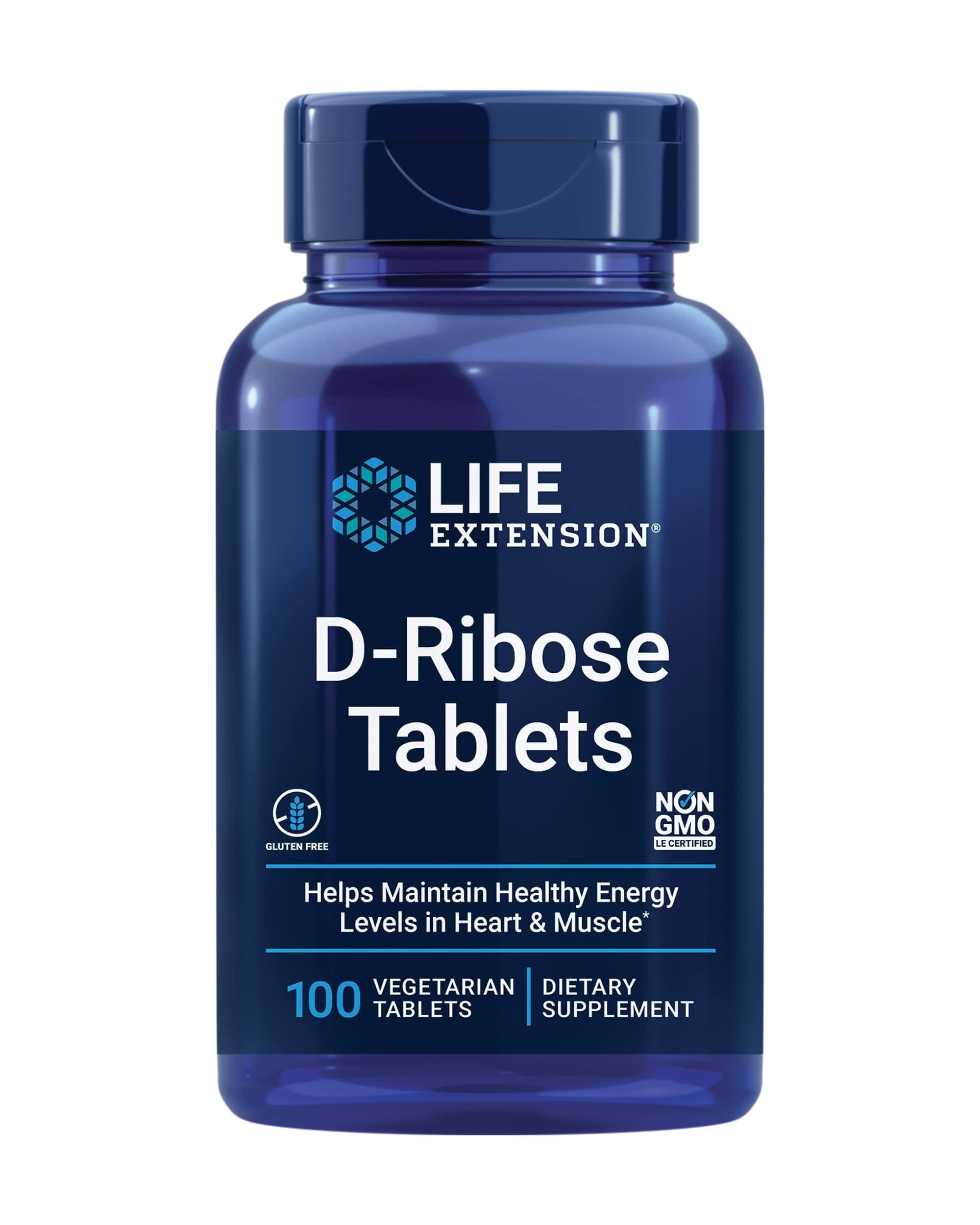 Life Extension D-Ribose Tablets, plus calcium, helps maintain healthy energy levels in heart and muscle, encourages the production of ATP, gluten-free, non-GMO, vegan, 100 vegetarian tablets