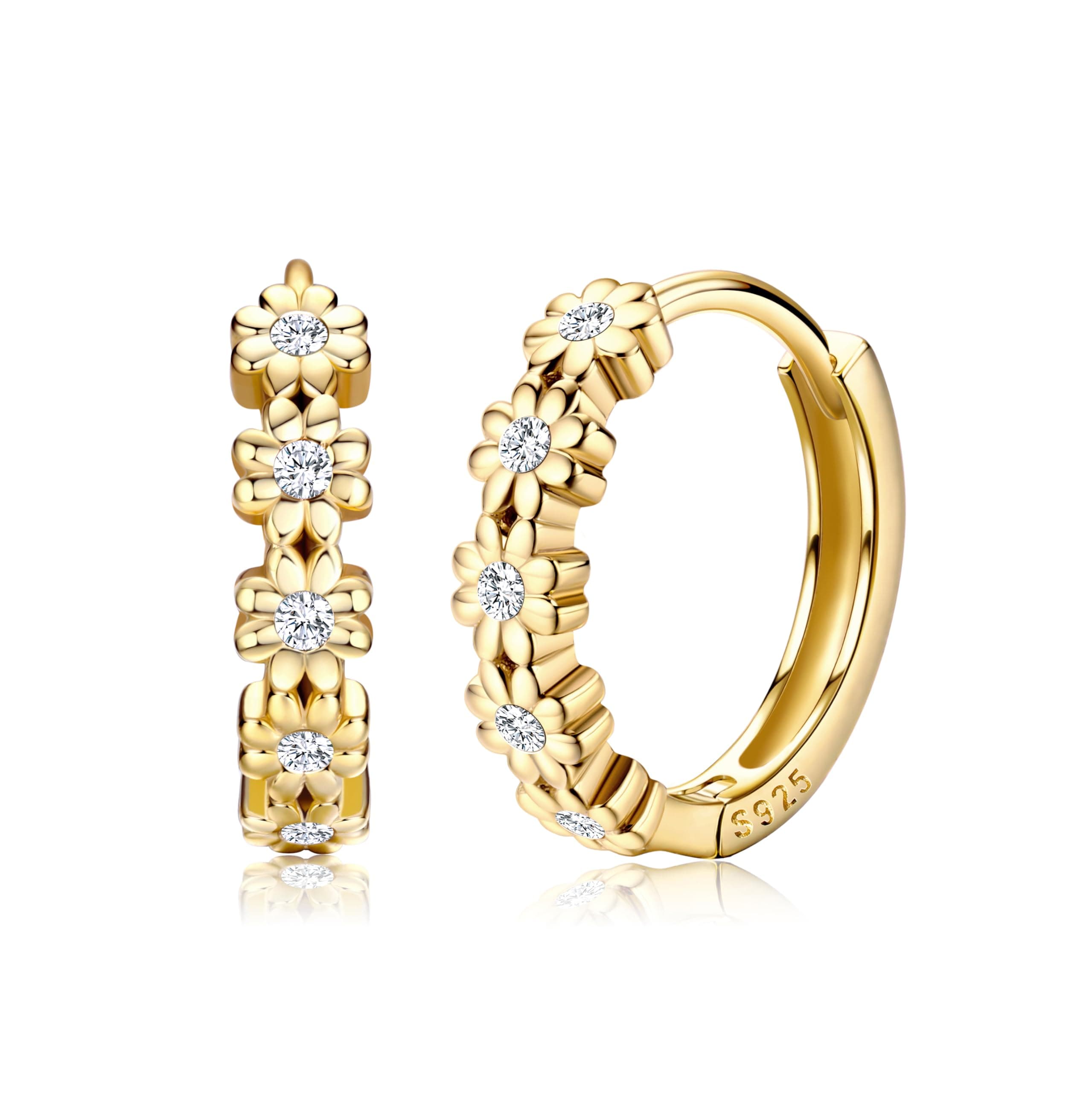 Solid 925 Sterling Silver Small Hoop Earrings for Women 14K Gold Plated Daisy Huggie Hoop Earrings Cute Cubic Zirconia Flower Hoop Earrings Hypoallergenic Earrings