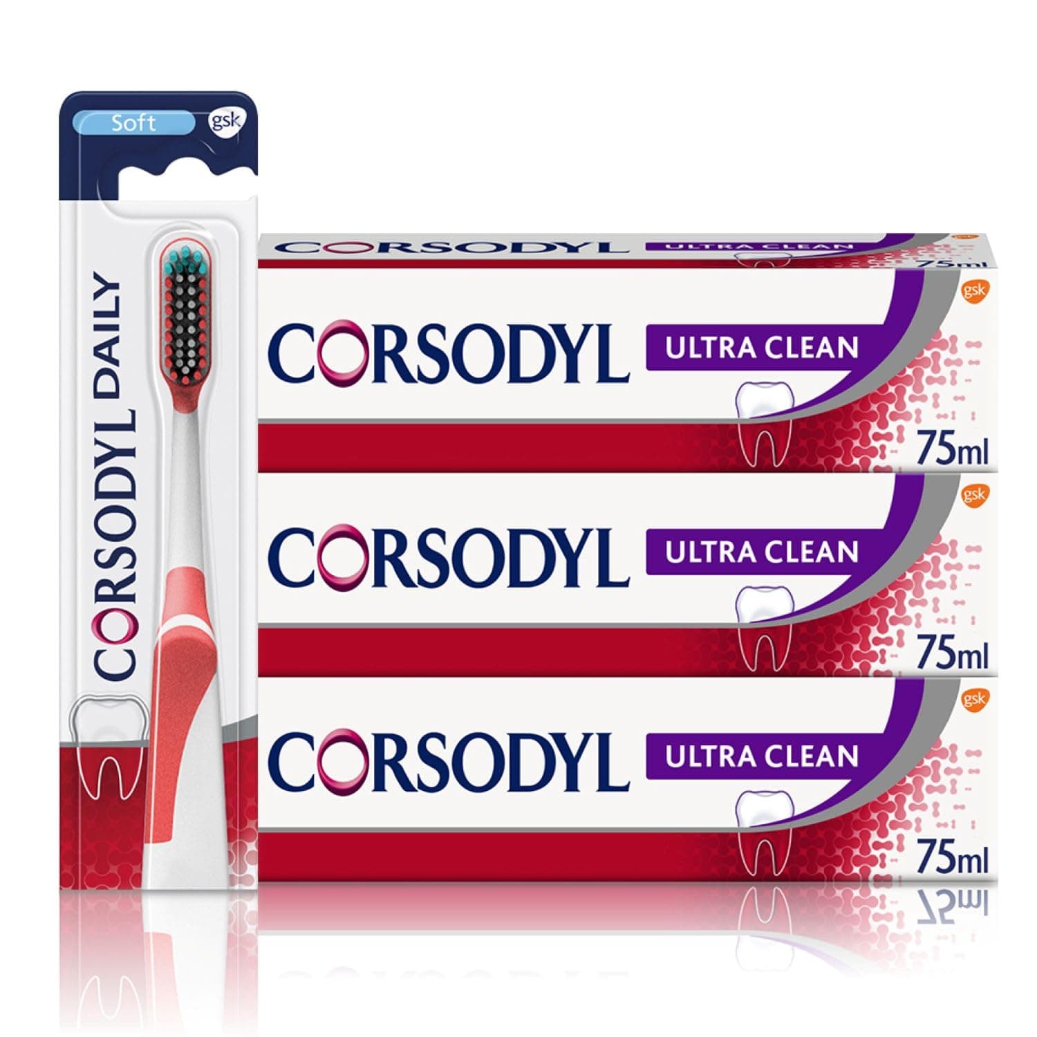 Gum Care Ultra Clean Toothpaste and Toothbrush Bundle: 3X Corsodyl Ultra Clean Toothpaste 75ml & 1x Daily Toothbrush Soft