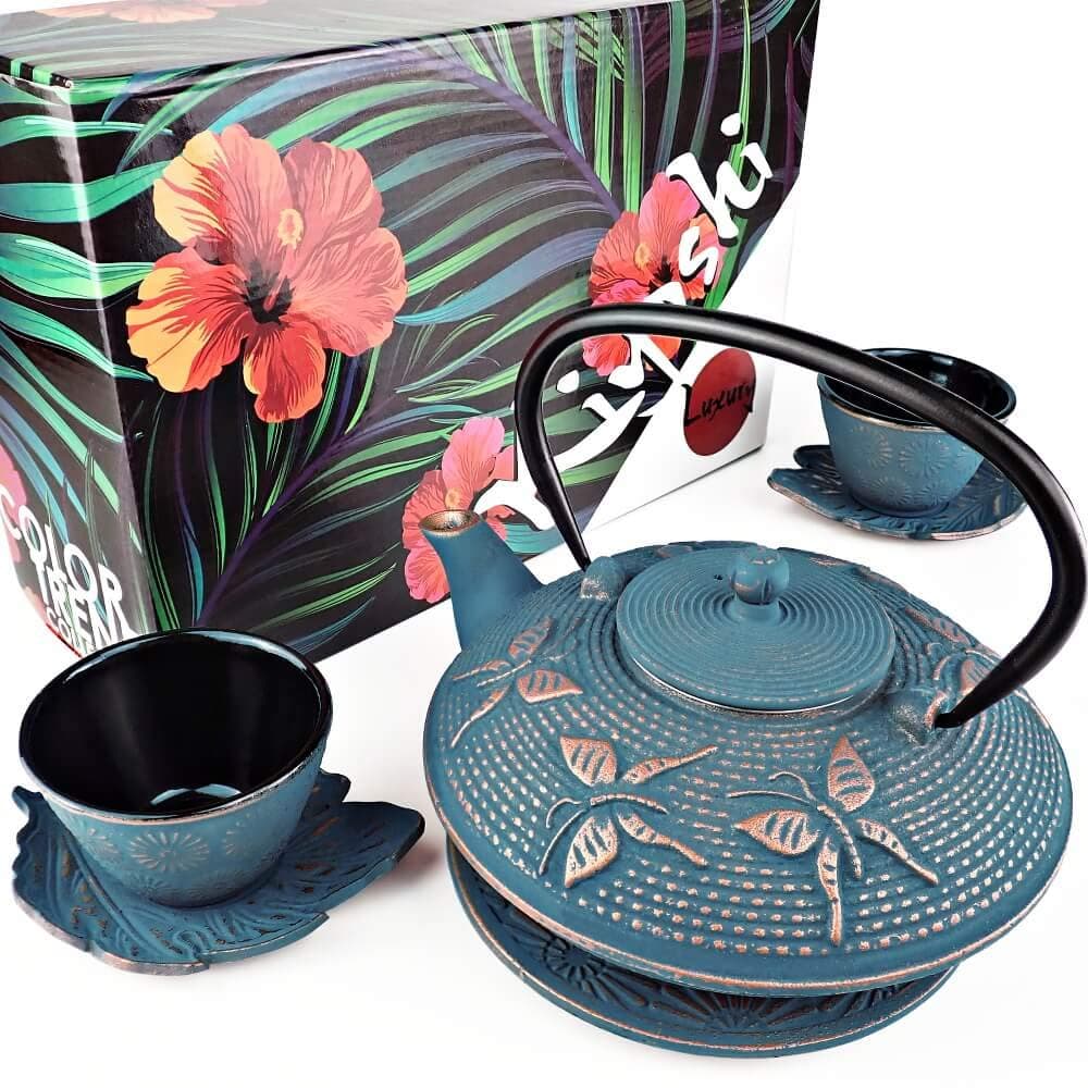 7PC Japanese Tea Set. "Blue Butterfly" Cast Iron Tea Pot with 2 Tea Cups, 2 Saucers, Tea Infuser and Teapot Trivet. Ceremonial Matcha Accessories