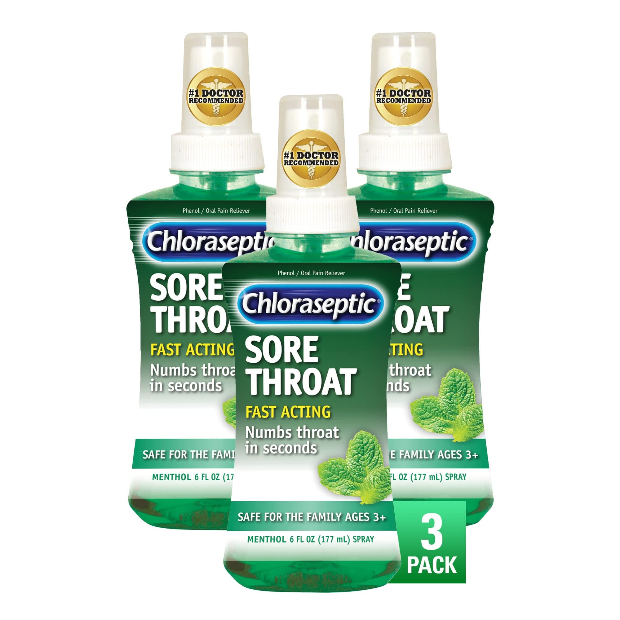 Sore Throat Spray, Menthol, 6 fl oz, 3 Bottles