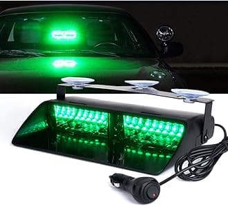 Xprite Green LED Emergency Dash Strobe Light, Interior Windshield Safety Warning Traffic Lights w/Suction Cups, 12V Windshield Visor Light Bar for Postal Law Enforcement Volunteer POV Vehicles Trucks