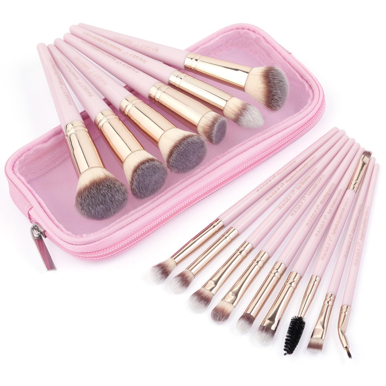 MAGEFY Makeup Brushes, 15 Pcs Premium Synthetic Make Up Brushes with Case Foundation Powder Concealers Eye shadows Makeup Brush Set（Pink)