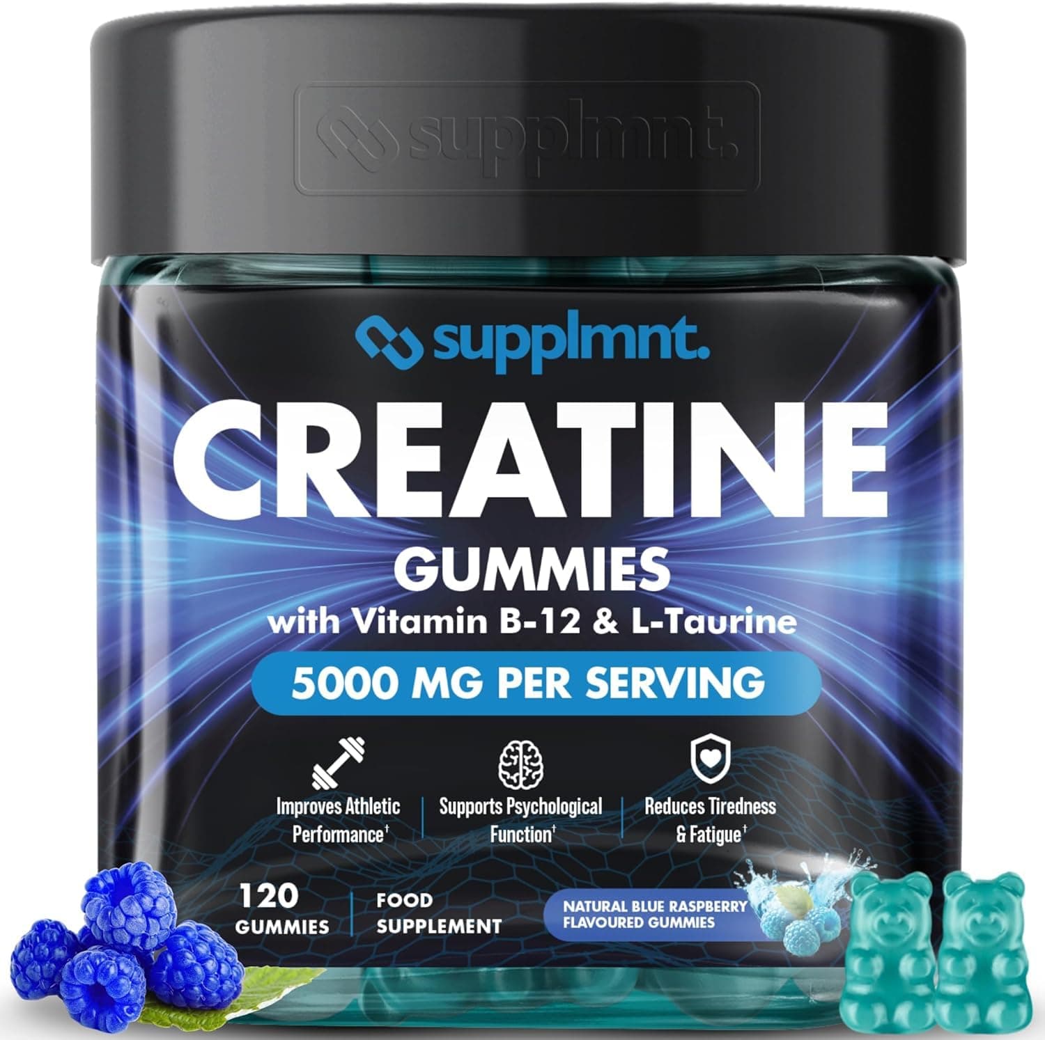 Creatine Gummies 5000mg 120ct Max Strength Muscle Growth Recovery Supplements for Men & Women Creatine Monohydrate, B12 & L-Taurine Chewable Gummies, 1 Month Supply (Blue Raspberry)