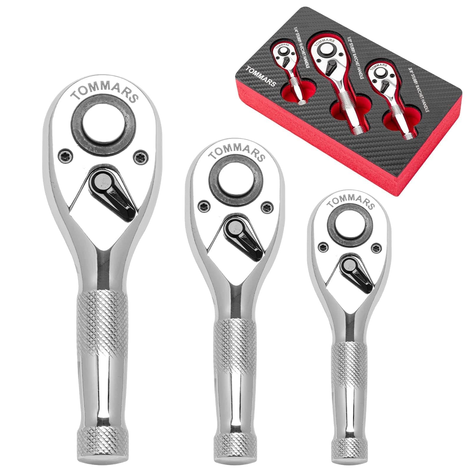 Stubby Ratchet Set, 1/4", 3/8", 1/2" Drive Ratchet Handle Wrench 72-Tooth Quick-Release Reversible, Gift for Men Mechanic Hand Tools