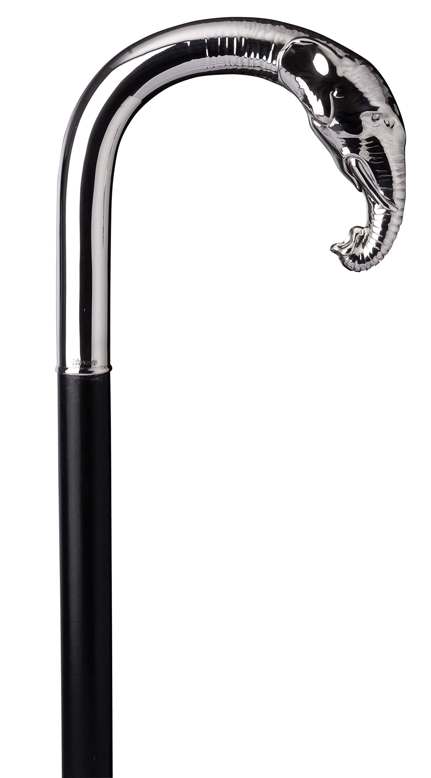 Walking Stick Silver Elephant Handcrafted Genuine 925/1000 Sterling Silver Crook Handle Walking Poles with an Elaborate Herausgearbeitetem Elephant Head Attached to a Pole Makassar Ebony/with Slim Buffer.