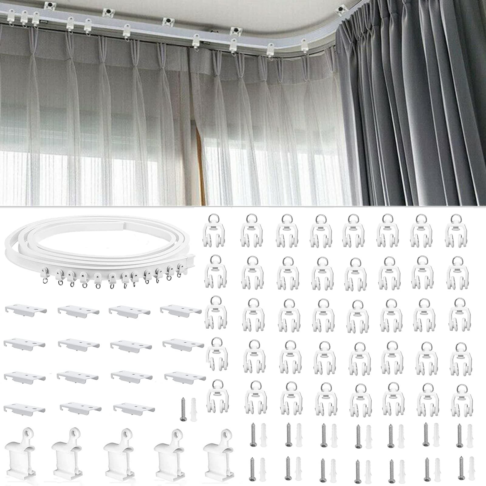 TOPWA 5 Meter Flexible Plastic PVC Curtain Track Runner Rail Wall Ceiling Mounted Fixing Hooks Shower Curtains Room Divider with Instruction Mounting Accessories Include White (Top clamping)