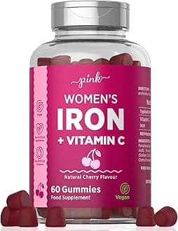 PINKIron Gummies for Women | Iron Supplement with Vitamin C | High Strength 14mg Iron | Natural Cherry Flavour | Vegan, No Artificial Sweetner & Flavours | 60 Gummies |