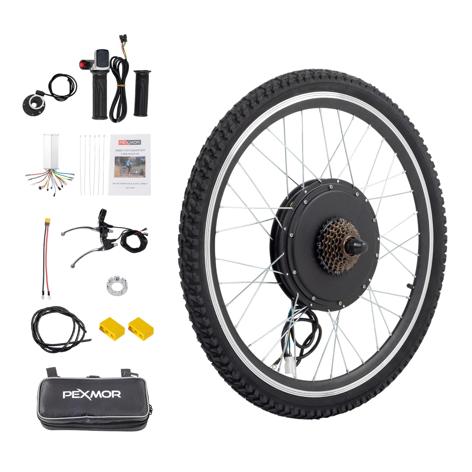 PEXMOR Electric Bike Conversion Kit, 48V 1500W 26" Rear Wheel E-Bike Hub Motor Kit, Upgrade 3 Mode Controller w/PAS/Twist Throttle with Battery Indicator Ebike Bicycle Wheel Kit