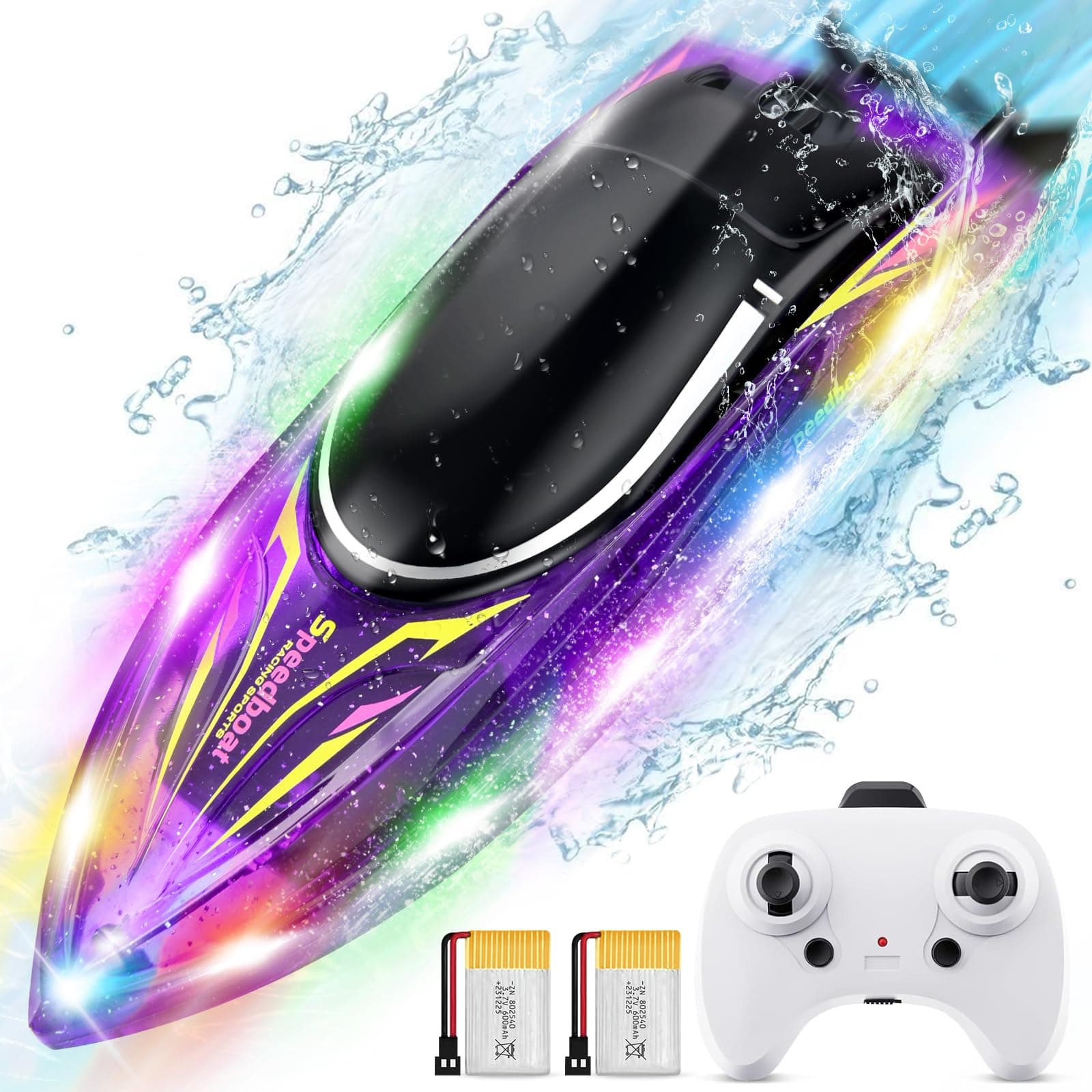 HEXSOLID RC Boat for Kids and Adults Remote Control Boat 2.4 GHZ Racing Boats with 2 Batteries 40Min LED Light for Lake and Pool Toys Gifts for Boys Girls (Updated)