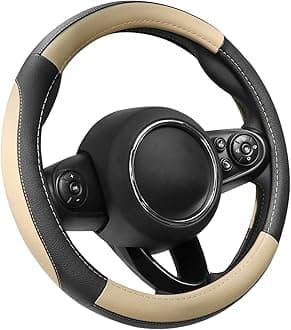 SEG Direct Car Steering Wheel Cover for Prius Civic Model 3 Model Y Camaro, Small Size 14-14.25 inch, Black and Beige Microfiber Leather