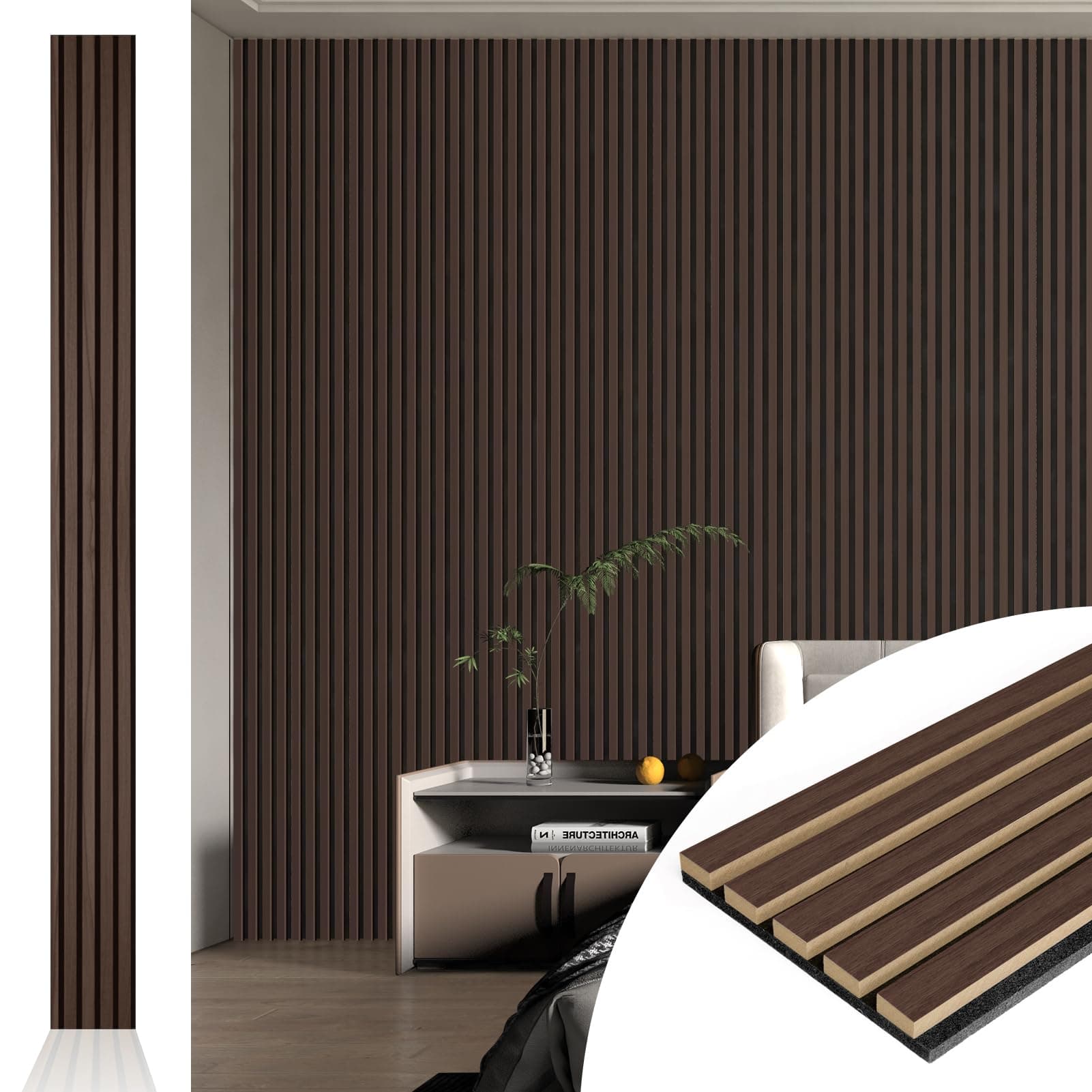 Art3d 4pcs-107 x 8in Slat Acoustic Panel for Wall and Ceiling, 3D Fluted Sound Absorbing Panel with Wood Finish, Dark Walnut