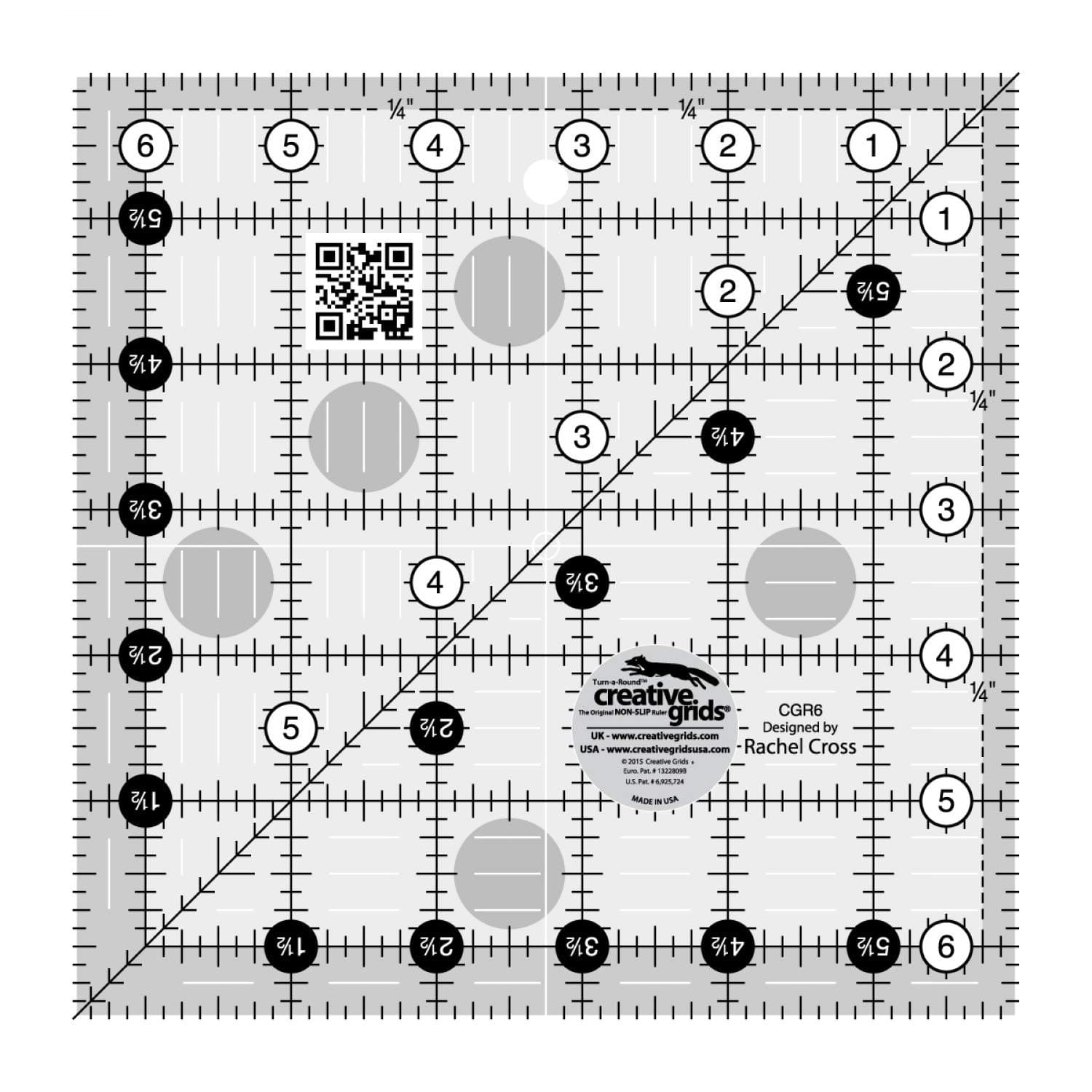 Quilt Ruler 6-1/2in x 6-1/2in Square – CGR6 – Made in USA, Non-Slip Grip Acrylic Quilting, Sewing, Crafting, Patchwork Ruler for Measuring & Cutting Fabric