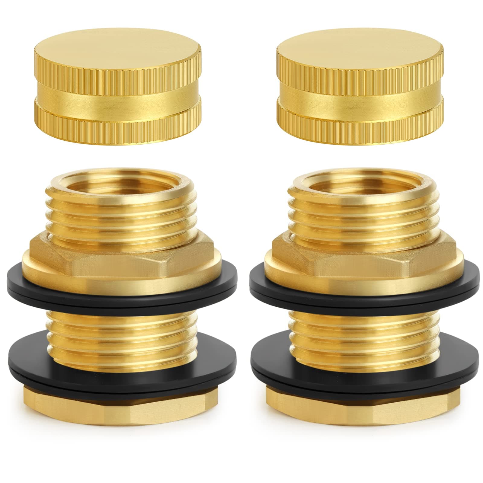 Brass Male Garden Hose Bulkhead Fitting With Plug, 1/2" Female NPT, 3/4" Male GHT (garden Hose Thread), Brass Tank Connector/drain/flush Port Kit For Rain Barrels, Aquariums, Sinks,2 Pack