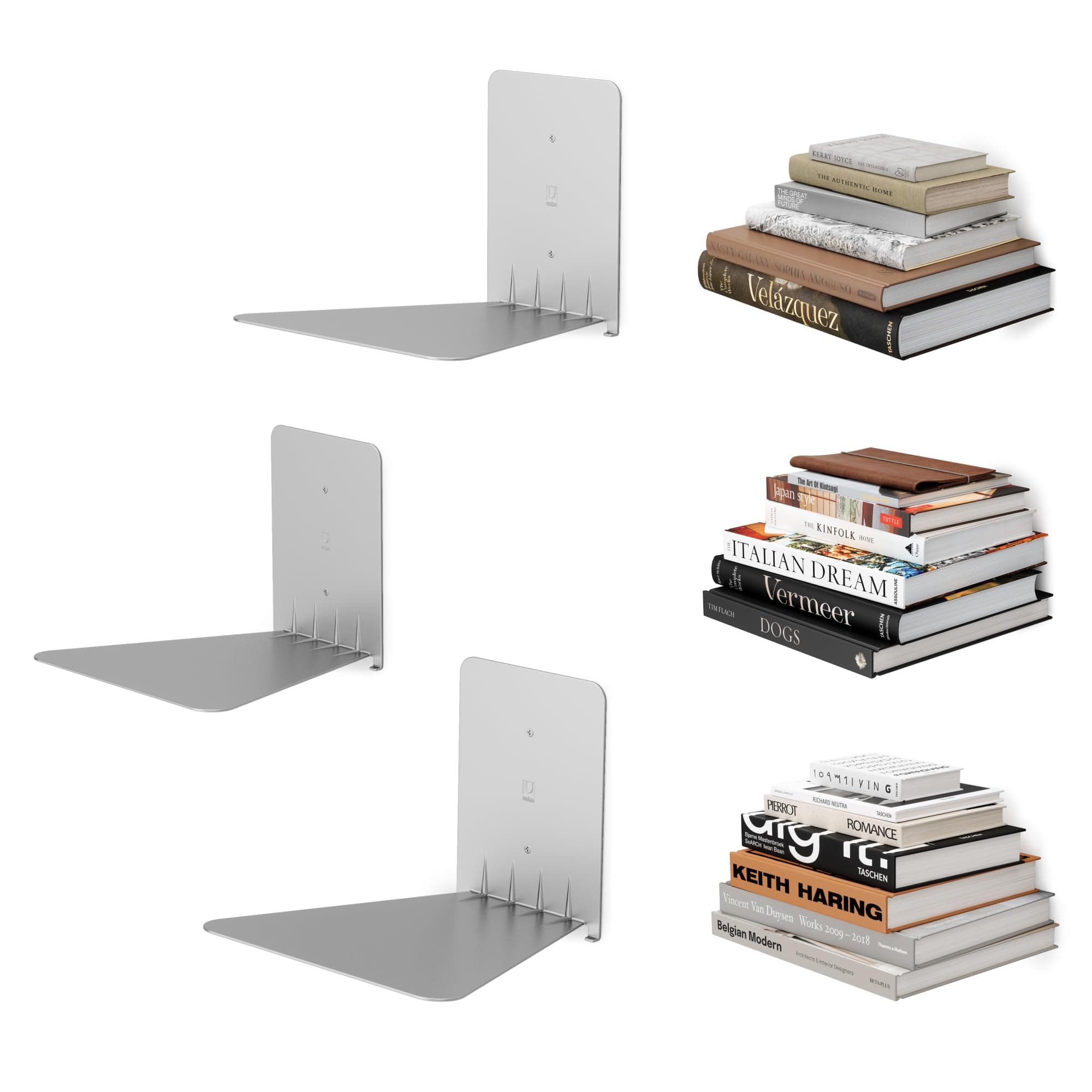 Conceal, Sturdy Metal Floating Bookshelf for Wall, Silver, Large, Set of 3