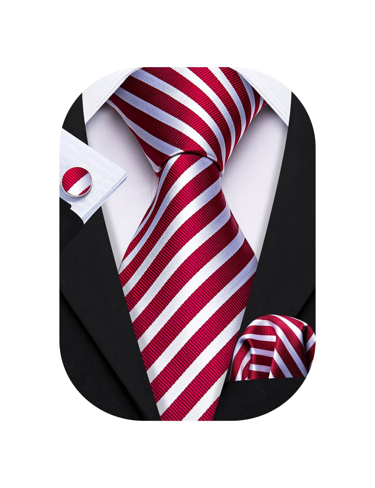 Man Stripe Ties Set Silk Woven Pocket Square Necktie Cufflinks Formal Party Business