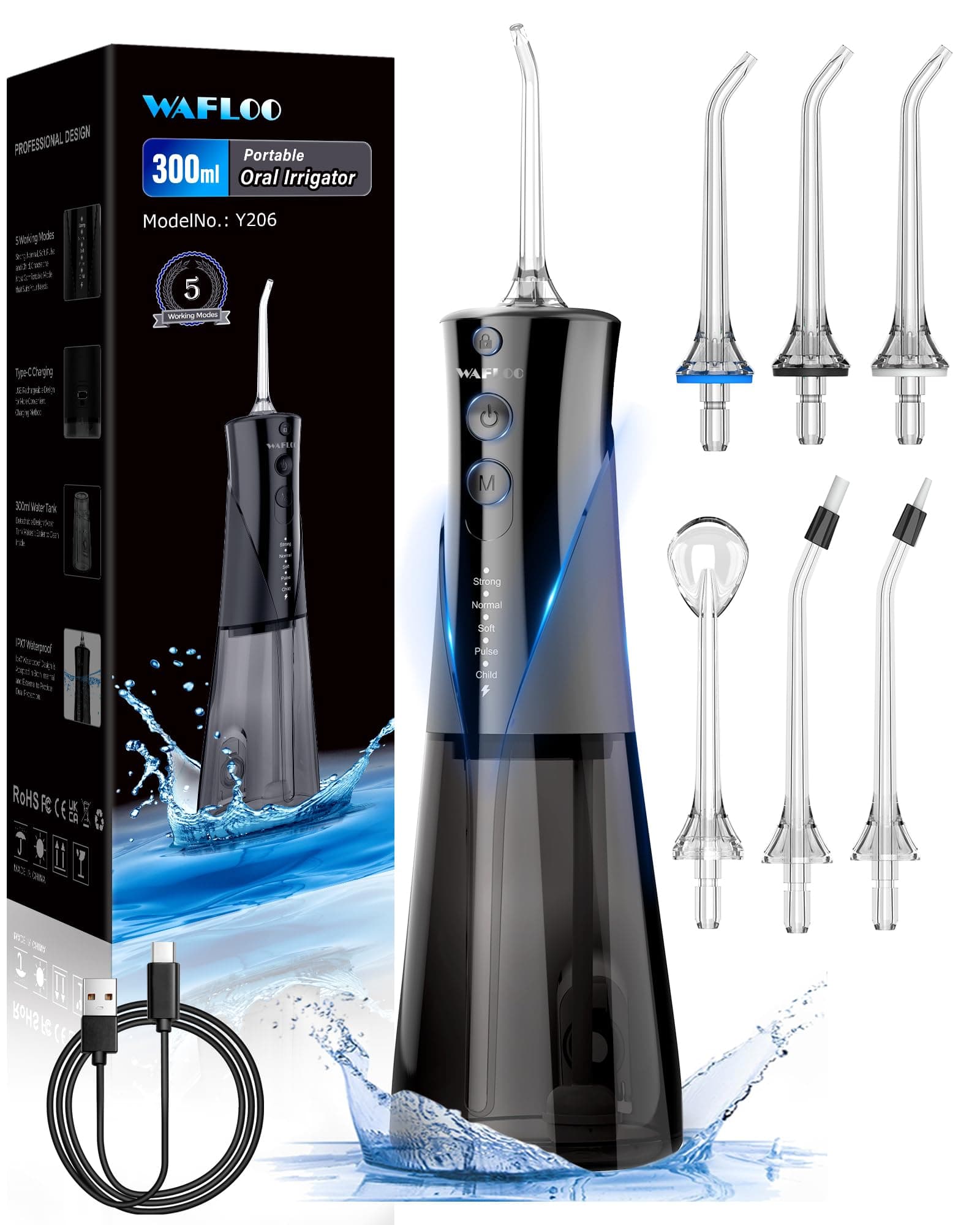 Water Flossers for Teeth - 5 Modes, 6 Flossing Tips, Rechargeable Cordless Portable 300ML Larger Tank Electric Waterflosser Cleaner IPX7 Waterproof Floss Cleaning Teeth Pick for Home Travel