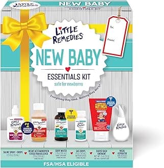 Little Remedies New Baby Essentials Kit with Saline Nasal Spray, Diaper Rash Cream, Gas Relief Drops, Gripe Water & More, Safe for Newborns