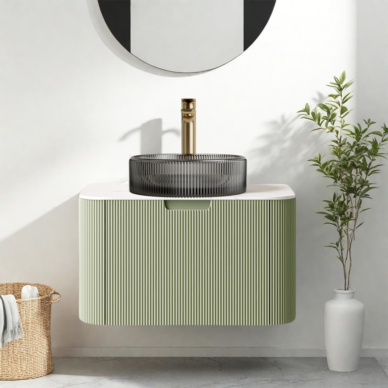 24" Floating Bathroom Vanity with Sink, Wall Mounted Bathroom Cabinet with Transparent Black Glass Basin and Marble Countertop, Large Storage Drawer, No Assembly Required, Light Green