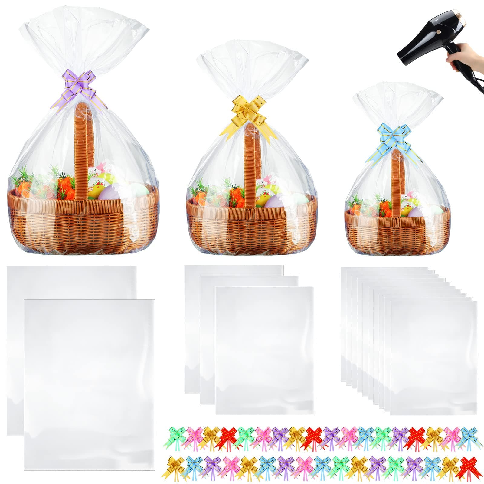 CHENGU 95 Pcs 3 Sizes Shrink Wrap Bags for Gift Baskets 20" x 28" 16" x 24" 14" x 18" Clear Plastic Heat Shrink Cellophane Bags and 6 Color Pull Bows for Easter Christmas Baskets Packaging