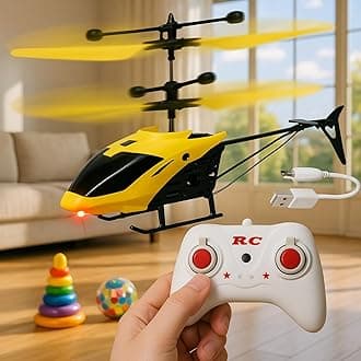 Outdoor and Indoor Flying Helicopter with Remote Control | Electronic Radio RC Remote Control Toy | Charging Helicopter with 3D Light & Safety Sensor for Kids - Pack of 1 (Colour Yellow)