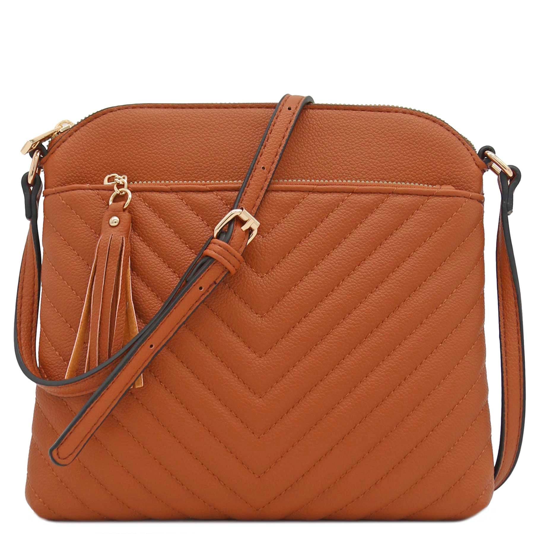 Chevron Quilted Medium Crossbody Bag with Tassel Accent