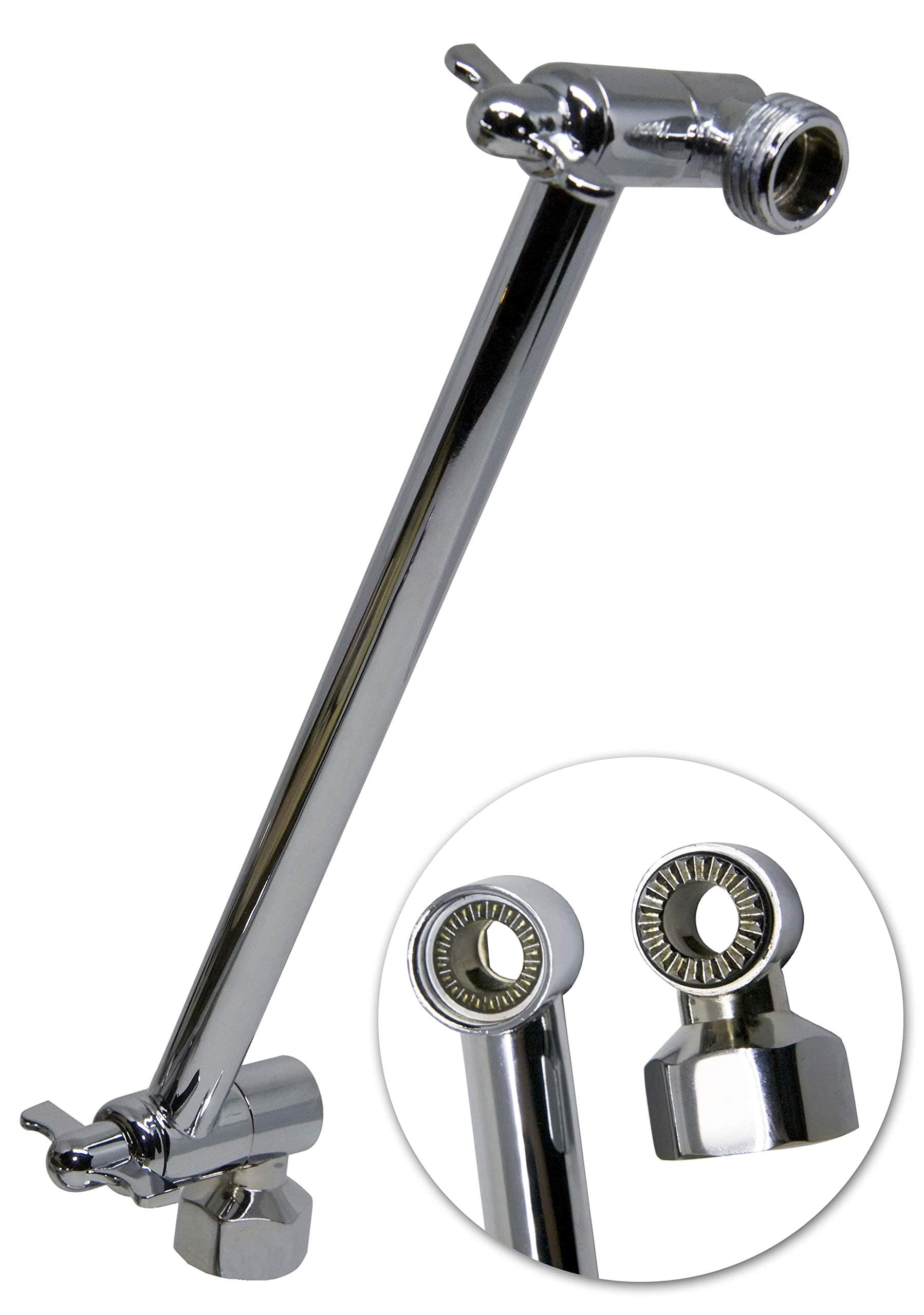 Adjustable Shower Arm Extension 10" Long - Stainless Steel Chrome Finish - The Only Arm Designed With a GEAR JOINT That Won't Slip! Our Long Shower Extender Pipe Can Hold A Rainfall Shower Head System