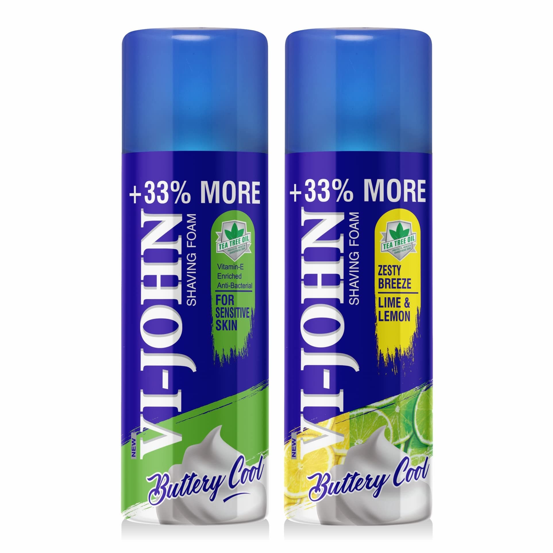 VI - JOHN Shaving Foam For Men,Lime&Lemon&Sensitive Skin Type Shaving Foam With Goodness Of Nature,Tea Tree Oil,Vitamin E Enriched&Anti-Bacterial Formula(400Gm Each-Pack Of 2)