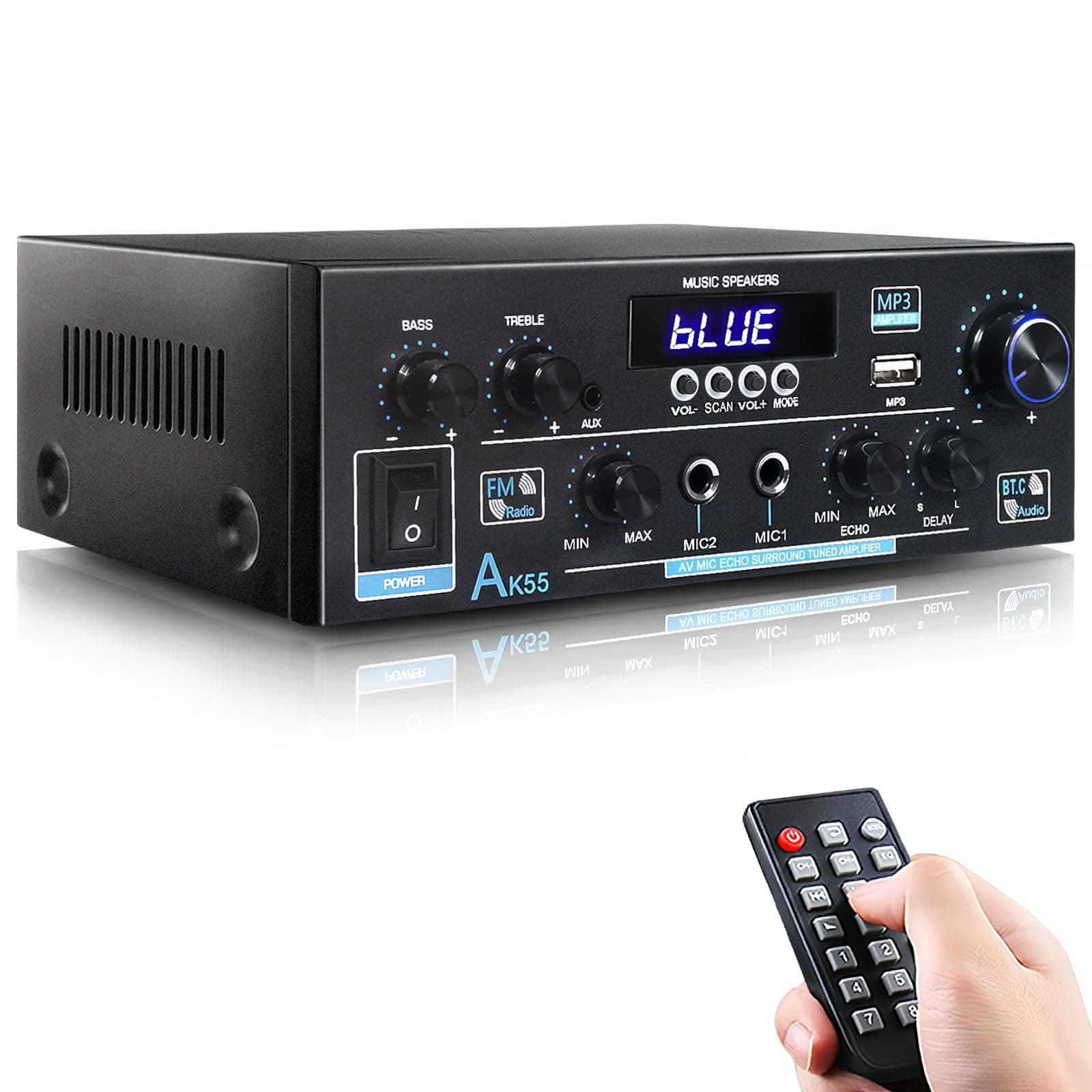 AK55 Stereo Amplifier Home Audio with Bluetooth 5.0 Rated Power 70W X2 Mini AMP 2.0 Channel Stereo Receivers for Home Theater Audio System, Studio, Karaoke, W/Bass/Treble/AUX/FM/MIC/USB