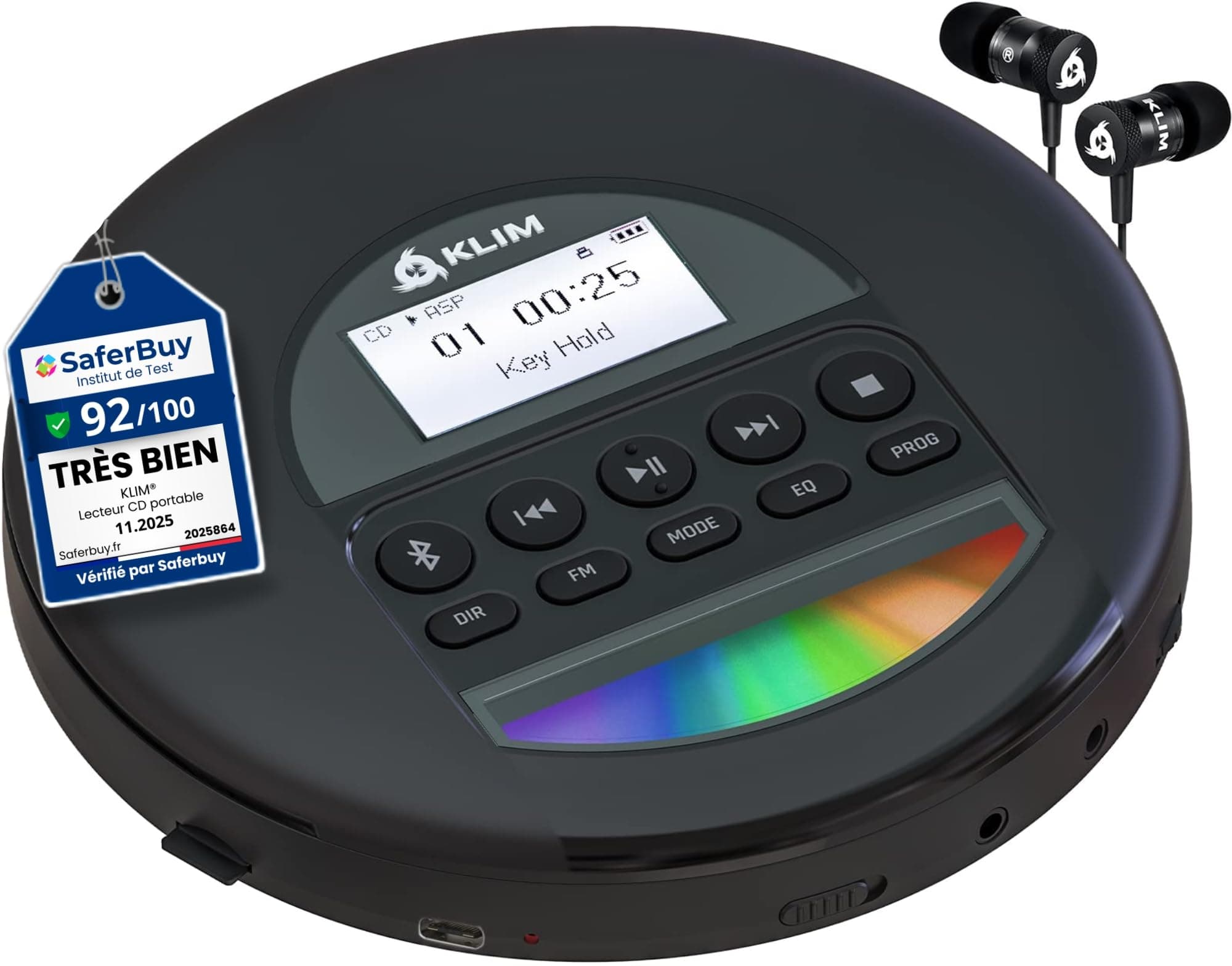 Nomad - Portable CD Player with Long-Lasting Battery - with Headphones - Radio FM - Compatible MP3 CD Player Portable - TF Card Radio FM Bluetooth - Ideal for Cars - Black