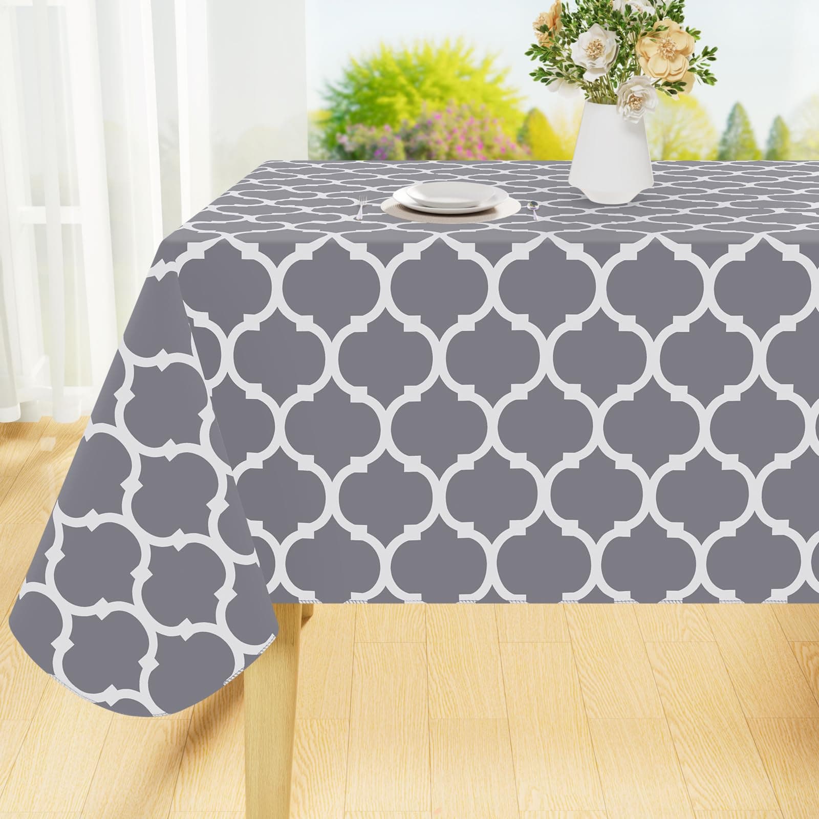Rectangle Table Cloth, Waterproof Vinyl Tablecloths with Flannel Backing for Rectangle Tables, Wipeable Spillproof Plastic Tablecloth for Dining, Camping, Indoor and Outdoor (60"x102", Grey)