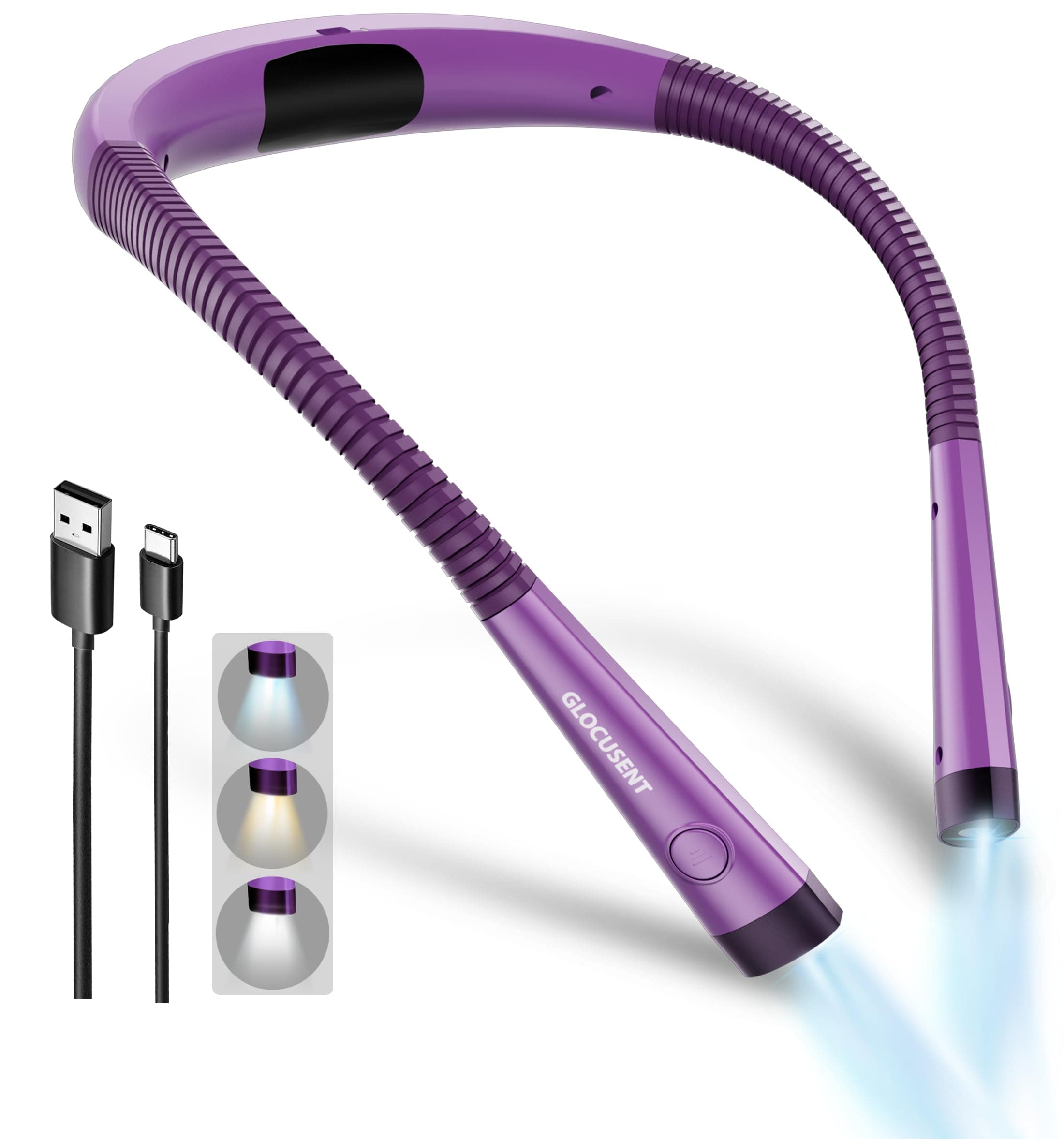 Glocusent Book Light, 3-Color & 6-Brightness Reading Light, Bendable Neck Light, 80-hr Lasting Rechargeable Book Light, Perfect Reading Lights for Books in Bed, Knitting, Repairing, Book Lovers Gifts