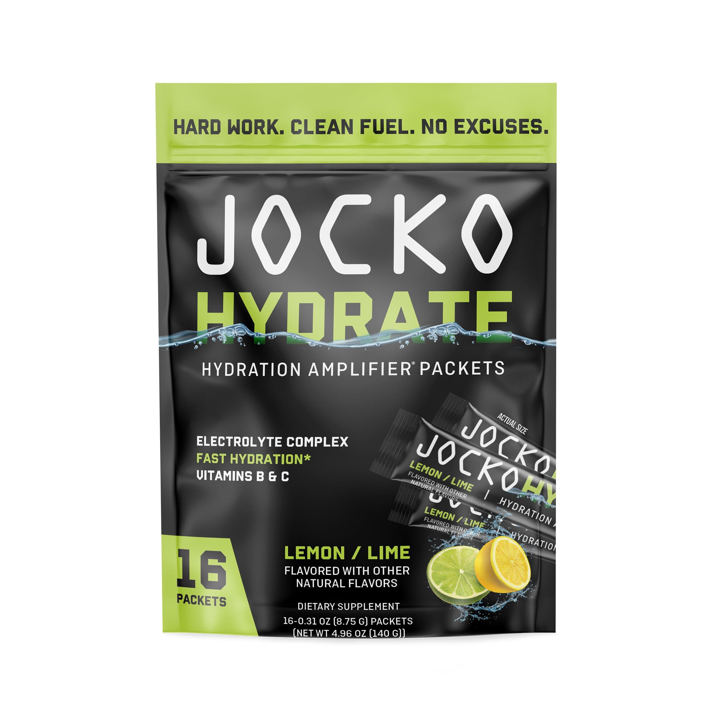Jocko Fuel Packets Low Sugar - Hydration Amplifier Packets for Recovery, Dehydration, & Exercise - with Vitamins B6, B12 & C (16 Packets) Lemon Lime