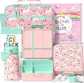 Fimibuke Kids Bento Lunch Box w/ 4 Compartments, Insulated lunch Bag, Stainless Steel Insulated Water Bottle, Ice Pack & Utensils, Unicorn Birthday Gifts Ages 3-12 School Toddler Girls Boys (FHSB006)